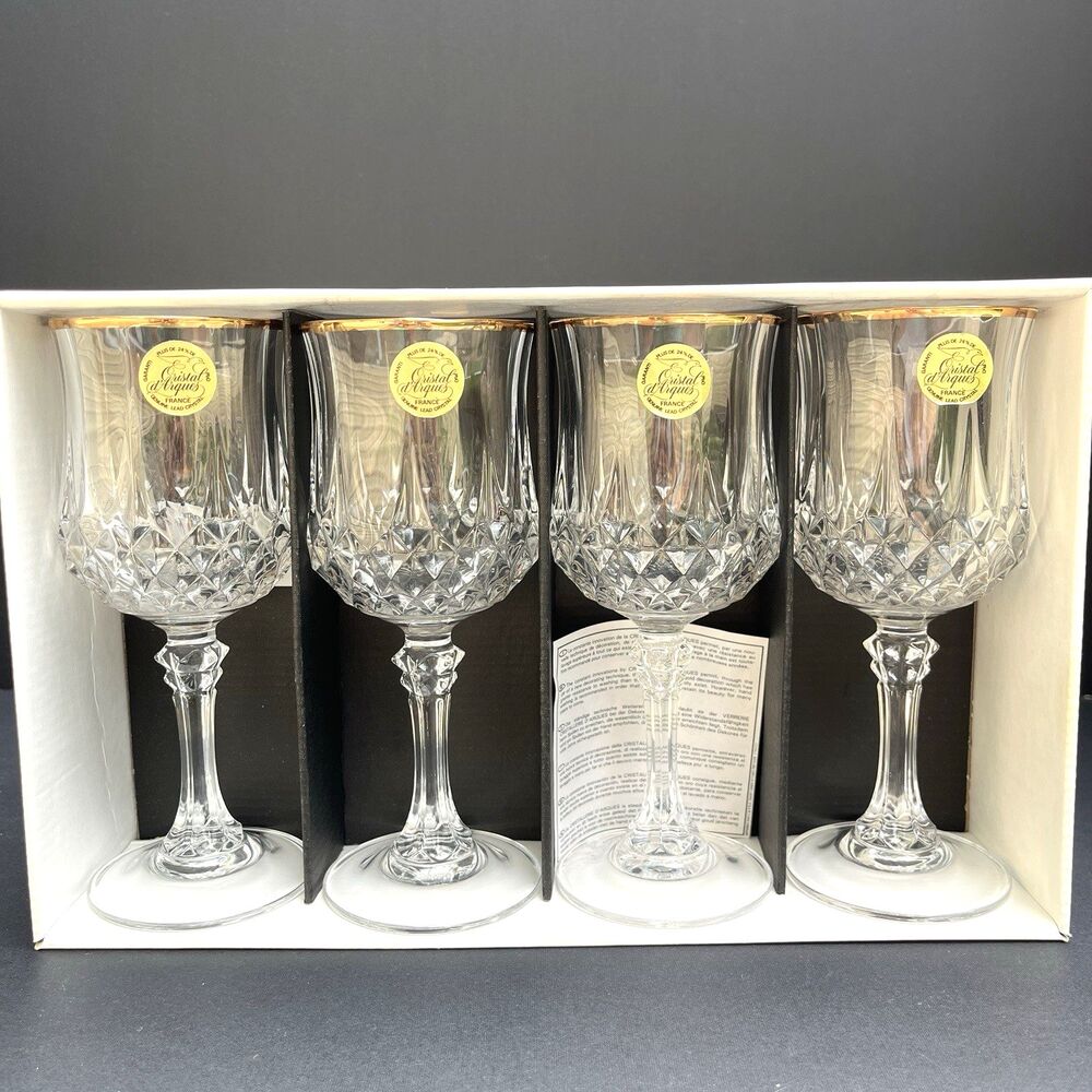Vintage French 1990s Cristal d'Arques Longchamp Gold Rim Genuine Lead Crystal Wi